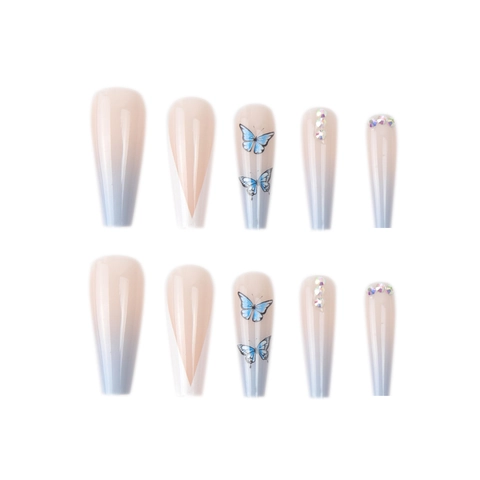 Blue Butterfly Press On Nails Coffin Lang Gradient Strass Künstliche Nägel Französisch V Spitze Maniküre