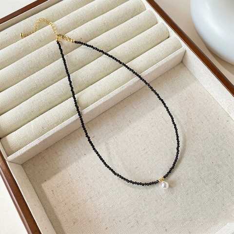 Collier en Perles de Cristal Noir Style Coréen Pendentif Perle Artificielle Cœur Boule Choker Plaqué Or Bijoux Femmes