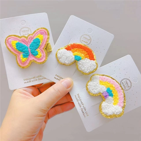 Rainbow And Butterfly Plush Embroidery Hair Clips For Girls Handmade Glitter Cartoon Hairpins Princess Accessories