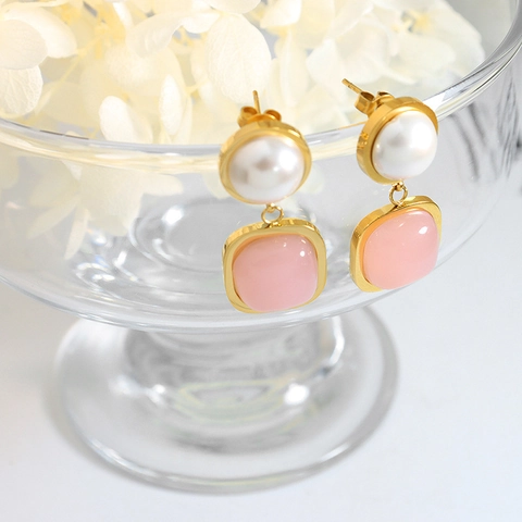 Retro Pink Square Gemstone Dangle Earrings With Artificial Pearl Titanium Steel 18K Gold Plated Elegant Jewelry For Women