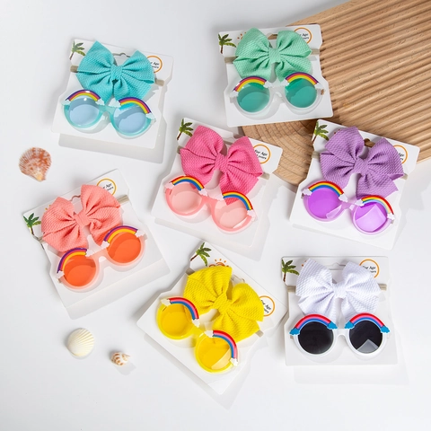 Kids Sunglasses And Headband Rainbow Cloud Decor Round Frame Plastic Waffle Texture Bow Fashion Accessory For Infants Toddlers