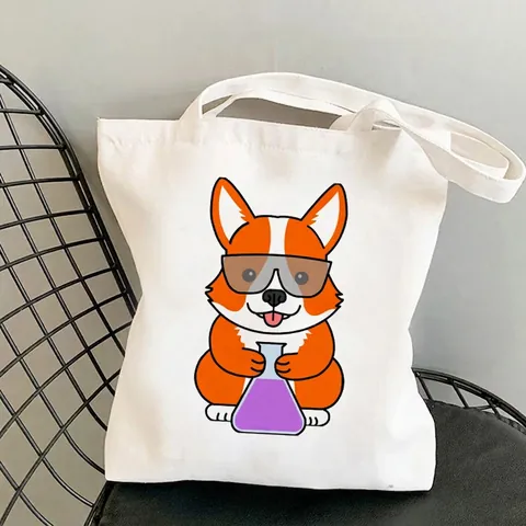 Cartoon Corgi Print Canvas Tote Bag Spacious Casual Shoulder Handbag For Women Students Shopping