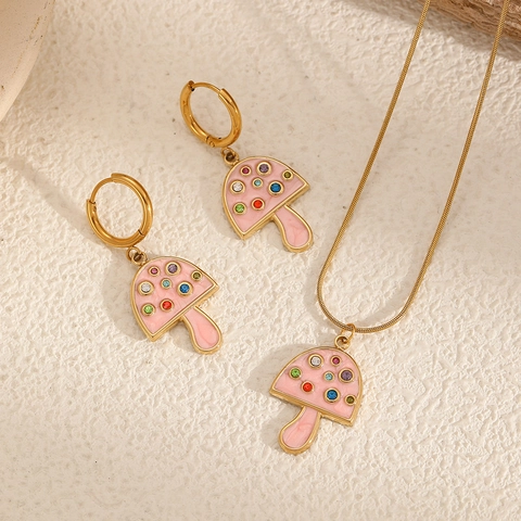 Collana A Fungo E Orecchini A Cerchio Acciaio Inossidabile Zircone Colorato Smalto Rosa Gioielli Dolci Per Donne