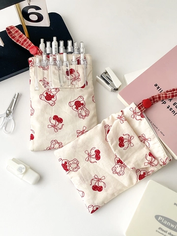 Cute Rabbit Nurse Canvas Pencil Case Red Cherry Bow Print Stationery Pouch Japanese Style Red Check Strap Button Closure