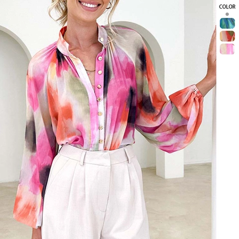 Kleurrijke Blouse Met Abstracte Print Voor Dames Lange Lantaarnmouwen Opstaande Kraag Knopen Elegante Casual Shirt Tops