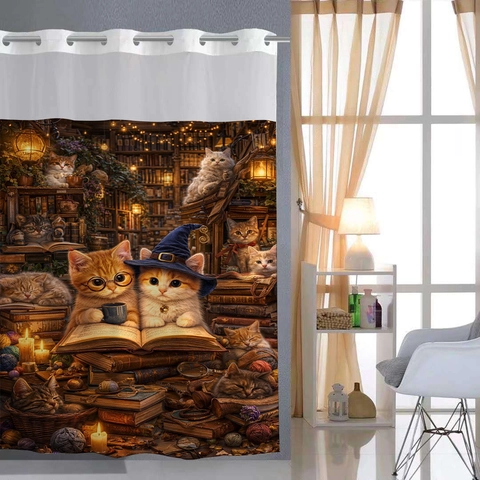 Polyester Shower Curtain Hookless With Detachable Snap In Liner Waterproof Magnetic Bottom Artistic Library Cat Floral