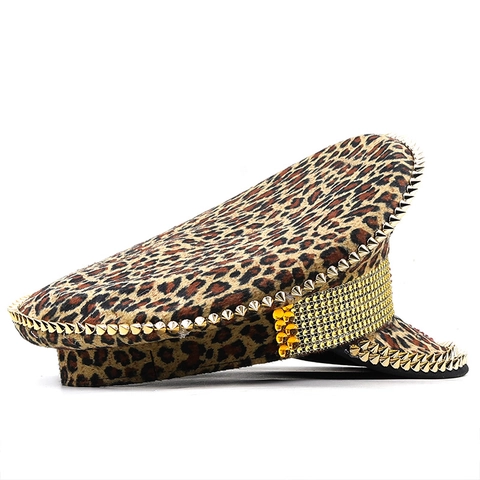 Gorra De Capitán Militar Con Estampado De Leopardo Con Remaches Dorados Y Pedrería De Corazón Rojo Para Fiesta