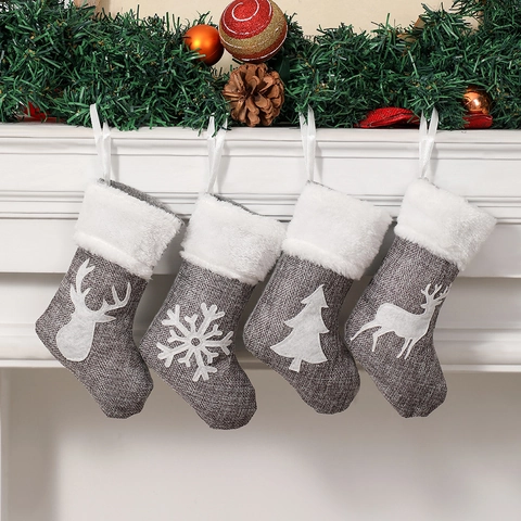 Christmas Stocking Grey Linen Fabric With White Faux Fur Cuff Reindeer Snowflake Pattern Hanging Holiday Decoration
