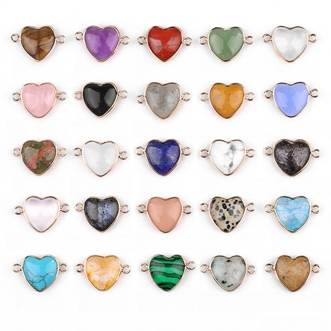 Connecteurs En Forme De Cœur Pierre Semi Précieuse Naturelle Cadre Métallique Doubles Boucles Accessoires Bijoux