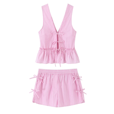 Gestreepte Dames Mouwloze V-Hals Peplum Top En Shorts Met Strikjes Roze Wit Zomer Outfit Casual Streetwear