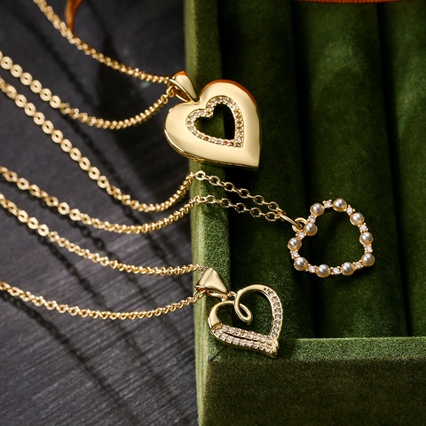 Zircon Heart Pendant Necklace Gold Plated Copper Faux Artificial Pearl Simple Fashion Jewelry For Women Elegant Gift