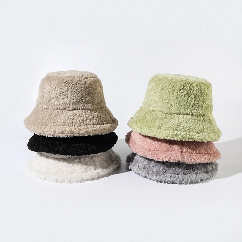 Women Winter Warm Plush Bucket Hat Solid Color Soft Polyester Lambswool Look Fisherman Hat Outdoor Casual Fashion Basin Cap