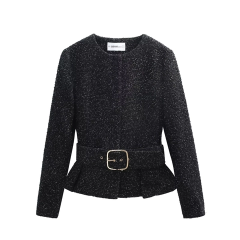 Blazer E Pantaloncini In Tweed Da Donna Girocollo Manica Lunga Con Cintura Peplum Elegante