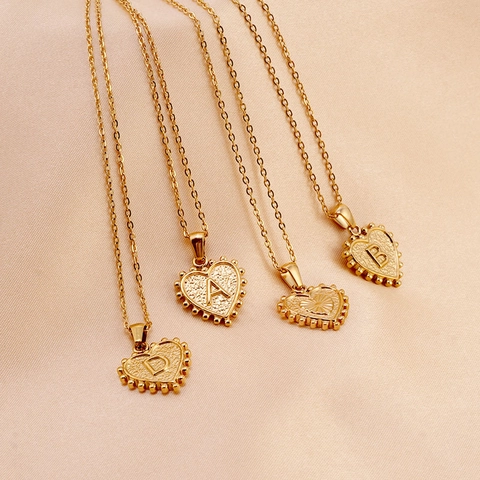 Collana Cuore Con Iniziale Per Donna PVD 18K Placcato Oro Acciaio Inossidabile Trama Martellata Ciondolo Cuore