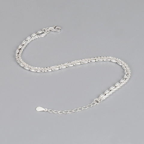 Double Layer 925 Sterling Silver Bracelet For Women Gypsophila Rice Bead Layered Minimalist Korean Style Adjustable