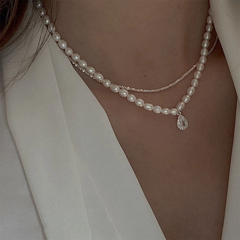 Dubbellaagse Zoetwaterparelketting Met Zirkonia Waterdruppel Hanger Franse Vintage Sleutelbeenketting Voor Dames