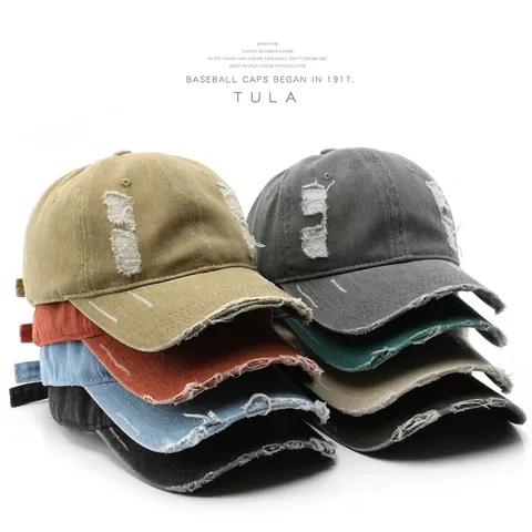 Vintage Distressed Washed Cotton Baseball Cap Ripped Holes Adjustable Sun Hat Retro Streetwear For Men Women