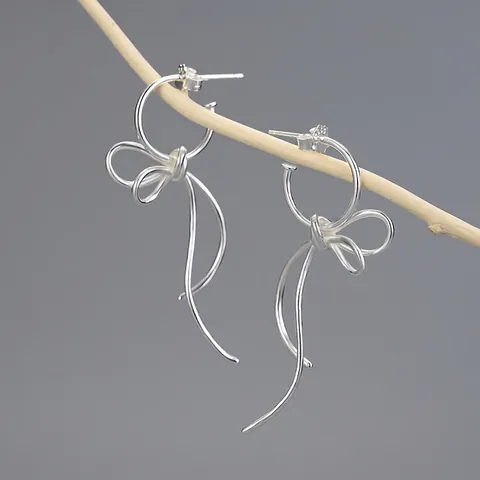 Lovely Bowknot Ribbon Dangle Earrings 925 Sterling Silver Long Tassel Knot Drop Earrings For Women Elegant Jewelry