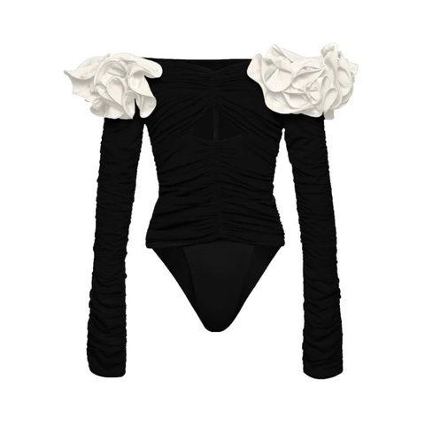 Costume Da Bagno E Gonna Donna Body A Maniche Lunghe Spalle Scoperte Con Rosette Floreali Dimensionali Arricciato