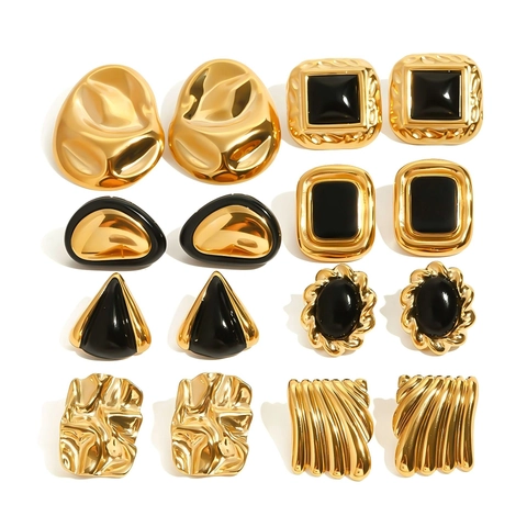 Vintage Geometric Stud Earrings For Women Stainless Steel Gold Plated Black Enamel Statement Waterproof Hypoallergenic Jewelry