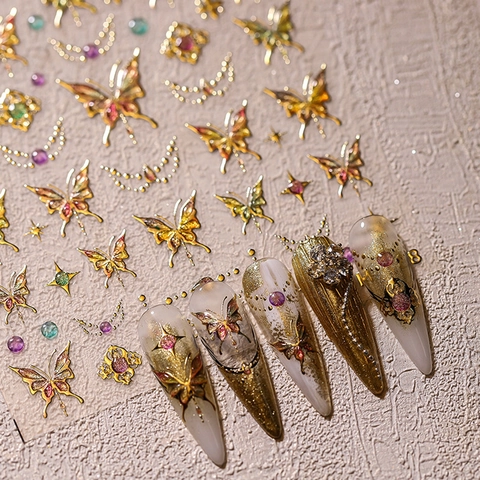 Embossed Butterfly Nail Stickers Gold Bronzing Relief Self Adhesive Decals Star Moon Designs For Manicure Art Decoration