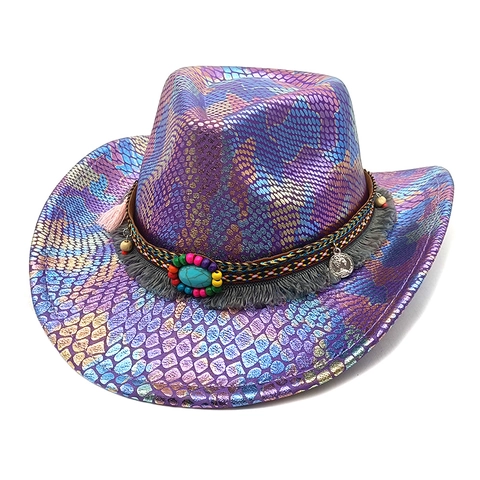 Cappello Da Cowboy Western Pelle Di Serpente Metallica Con Perline Turchese Nappa Stile Etnico Boho