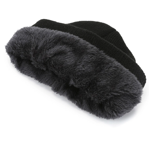 Beanie Hat Acrylic Ribbed Knit Plush Lining Warm Ear Protection Solid Color Cuff Letter Patch Unisex Winter Accessory