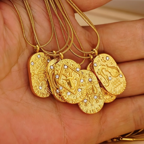 Collar Con Colgante De Signo Del Zodiaco Vintage Bañado En Oro De 18K Acero Inoxidable Moneda Ovalada Con Circón Mujer
