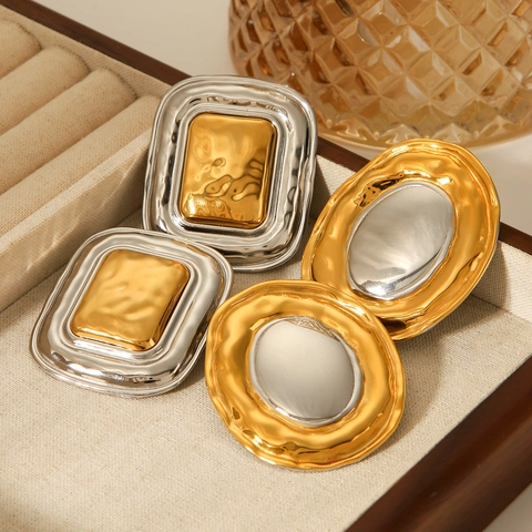 Orecchini Geometrici In Acciaio Inossidabile Placcati Oro 18K Toni Misti Texture Martellata Grandi Gioielli Di Moda Per Donne