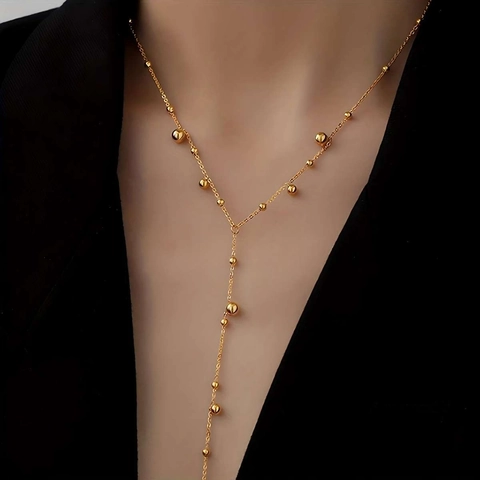 Edelstahl Y Halskette 18K Vergoldet Lange Kette Perlen Zirkonia Eingelegt Minimalistisch Elegant Schmuck Für Damen