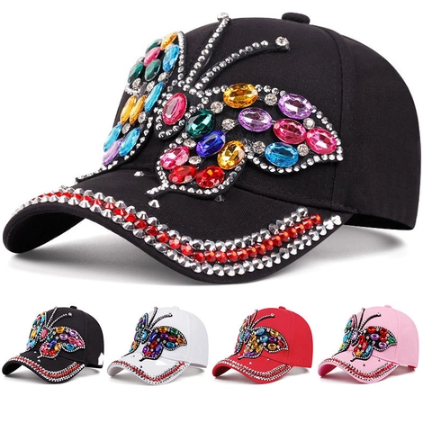 Fashion Cotton Baseball Cap With Colorful Rhinestone Butterfly Decoration Adjustable Casual Sun Protection For Women