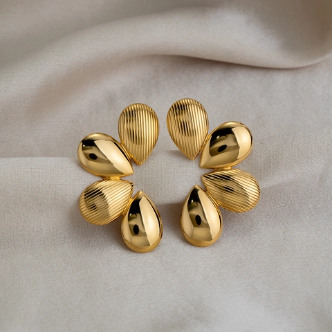 Flower Petal Stud Earrings 18K Gold Plated Stainless Steel Striped Texture Waterproof Hypoallergenic Elegant Women Jewelry