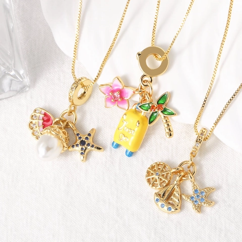 Collier Pendentif en Cuivre Plaqué Or Style Nautique Perle Artificielle Strass Voyage Océan Étoile de Mer Voilier Émail Chaîne de Clavicule Bijoux pour Femme