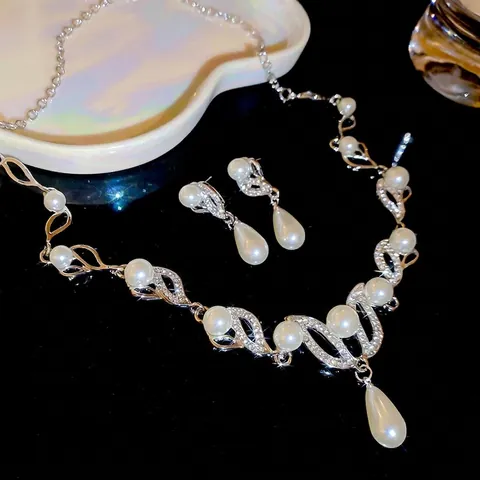 Collar Y Pendientes Elegantes Vintage De Imitación De Perla Artificial Y Strass Con Poste De Plata Colgante Gota Boda Novia Color Plateado