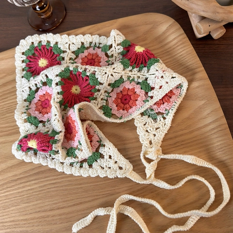Bandana a Fiori All'uncinetto Fatta a Mano per Donna Foulard a Triangolo in Maglia Floreale Vintage Kerchief per Capelli Boho per Vacanze