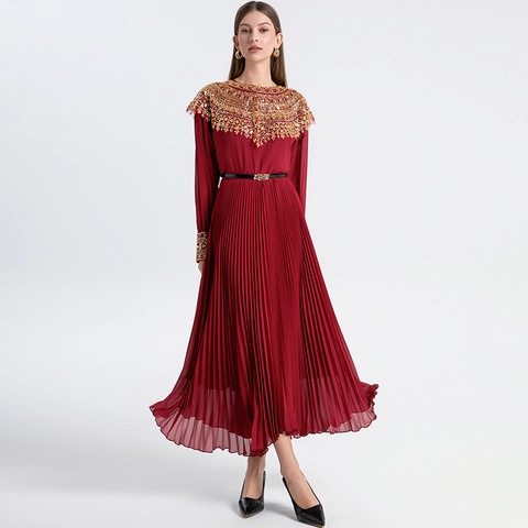Abito Lungo Plissettato In Chiffon A Maniche Longue Da Donna Con Ricamo Di Paillettes Dorate E Cintura Elegante Etnico