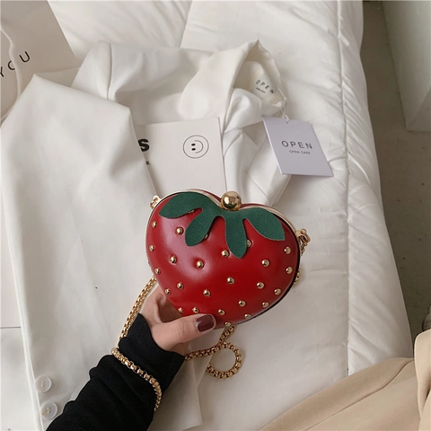 Strawberry Shape Heart Chain Crossbody Bag PU Leather Mini Shoulder Bag With Rivet Seeds Green Leaf Decor For Girls