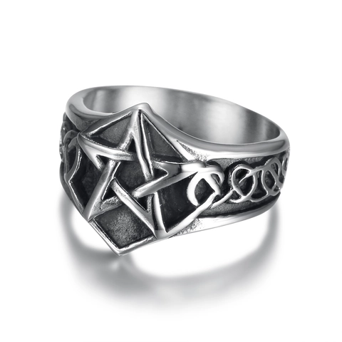 Anello Pentacolo In Acciaio Inossidabile Da Uomo Nodo Celtico Gothic Punk Argento Antico Sigillo Di Lucifero