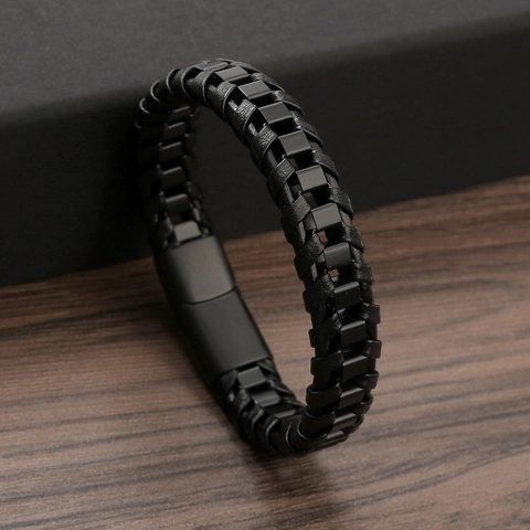 Leather Braided Bracelet Stainless Steel Geometric Magnetic Clasp Retro Fashion Men Jewelry Accessory