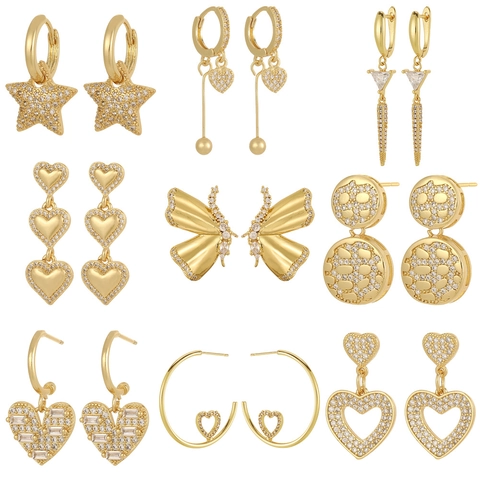 Western Geometric Copper Gold Plated Stud Earrings Luxury Zirconia Star Heart Butterfly Dangle Earrings For Women Fashion Jewelry