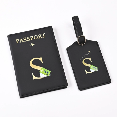 Passport Cover And Luggage Tag PU Leather Initial Letter Gold Foil Travel Accessories RFID Blocking For Women Men