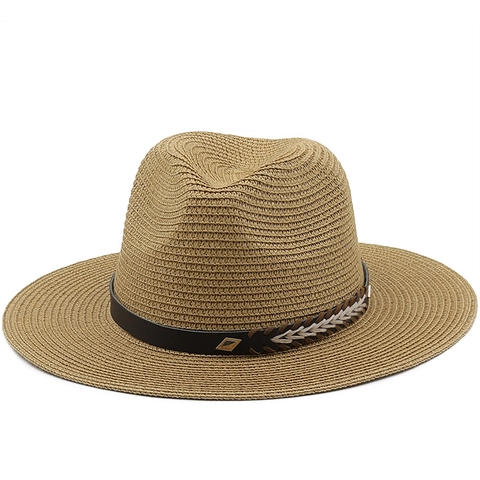 Cappello Fedora In Paglia Estate Cappello Da Sole Spiaggia Traspirante Stile Britannico Con Fascia In Pelle Rivetto Metallico