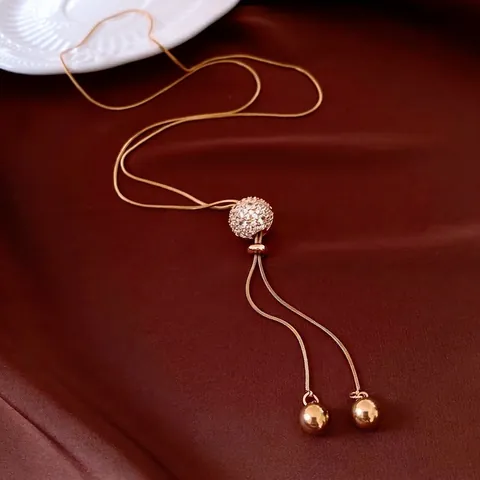 Vintage Gold Plated Copper Lariat Necklace With Pave Zircon Round Ball Adjustable Pull Chain For Women