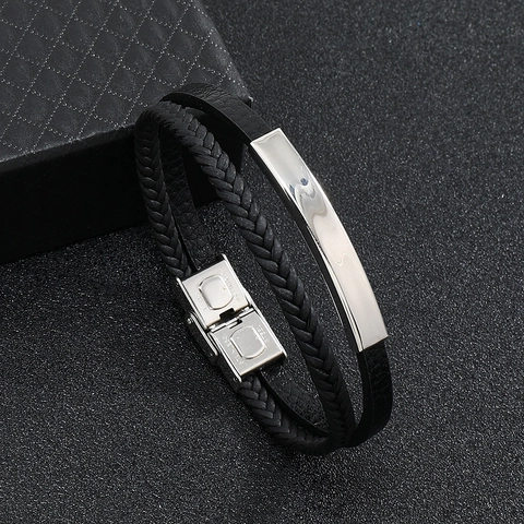 Men Double Layer Bracelet Braided PU Leather Stainless Steel Metal Plate Fold Over Clasp Vintage Fashion Jewelry