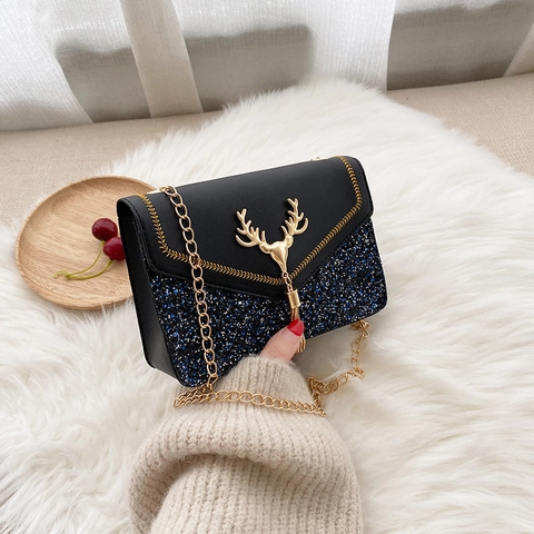 Women Fashion Shoulder Crossbody Bag Sequin Glitter PU Leather Metal Deer Head Ornament Tassel Gold Chain Strap Small Square Bag