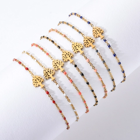 Tree Of Life Pendant Bracelet Stainless Steel 18K Gold Plated Adjustable Colorful Enamel Beads Jewelry For Women