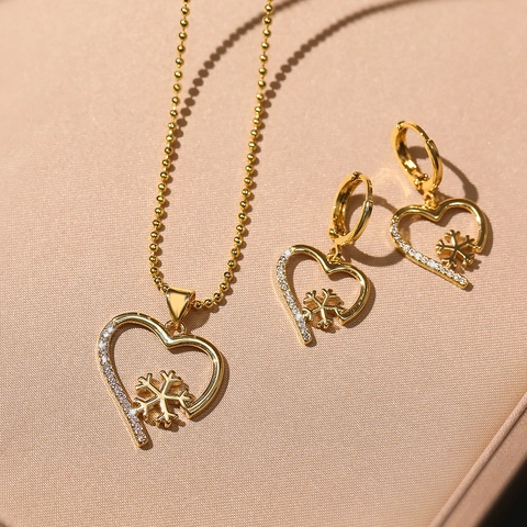 Collana E Orecchini A Cuore Fiocco Di Neve Gioielli Rame Placcato Oro 18K Con Zircone Accessori Moda Donna