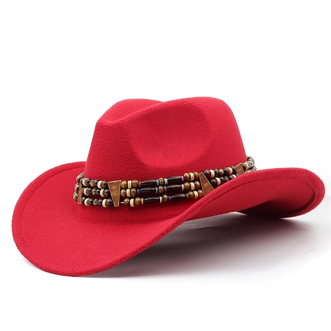 Western Cowboy Hat Polyester Wide Brim Ethnic Beaded Band Retro Fedora Outdoor Travel Sun Protection Men Women