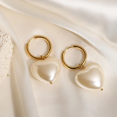 Stainless Steel 18K Gold Plated Heart Artificial Pearl Hoop Drop Earrings For Women Elegant Fashion Jewelry Gift