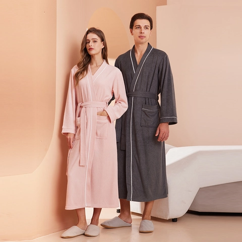 Unisex Badjas Lange Mouw Absorberend Polyester Terry Robe Contrastbiezen Sjaalkraag Nachtmode Voor Heren En Dames